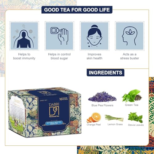 Image of Dabri Blue Flower Butterfly Pea Green Tea 32 Pyramid Dip Tea Bags|Pack of 2 x 16 Bags Each|Natural Loose Leaves with Blue Flower Herbal Blend|Farm Fresh|Rich in Antioxidants|Support Hair, Skin Health