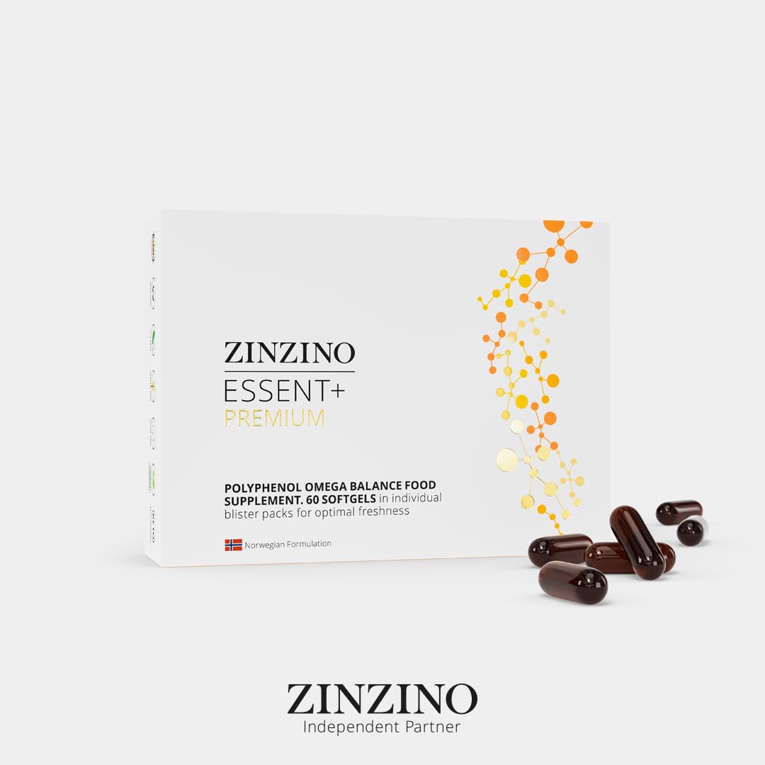 ZinZino Essent+ Premium Omega-3 Kapseln Hochdosiert mit Omega-9, Vitamin D, Polyphenolen, Squalen, EPA & DHA – Lebertran & Olivenblattextrakt – Fischöl Kapseln
