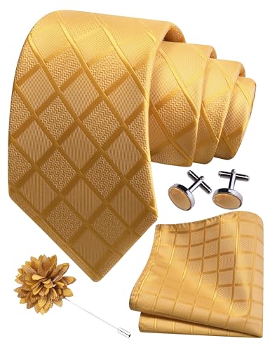 Image of GUSLESON 3.15 inch(8cm) Mens Tie and Lapel Pin Plaid Checkered Necktie Hankerchief Cufflinks Set for Men