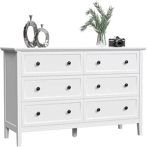 Miniatura 9 de JOZZBY Cómoda blanca, cómoda de 6 cajones dobles para dormitorio con asas dobles de metal, aparadores de madera con cajones profundos para dormitorio