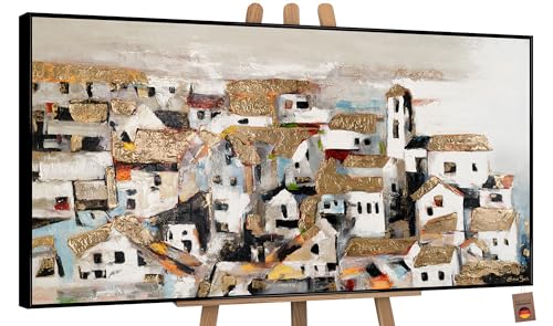 YS-Art Cuadro pintura abstracta hecho a mano enmarcado Casas al sol Paisaje urbano Colores claros con dorado Pintado en acrílico 120x60 cm