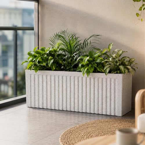 Image of Go Hooked Rectangular Planter Pot (24x12) Inch | Marble White Ribbed Design Plastic Flower Pot for Indoor Outdoor Balcony Garden Window Railing Patio | Polymer Decorative Plant Container