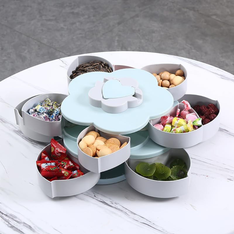 EUBUY Snack Storage Box, Rotating Candy Box Petal Shape Food Snack Storage Box, Food Fruit Storage Box, Double Deck Petal Shaped Platter for Home Party Wedding