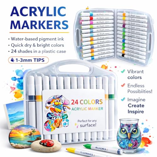Image of Professional Acrylic Paint Markers Set, 24 Vibrant Colours, Brush Tip, Water-Based, Non-Toxic, for Rock Painting, Canvas, Glass, Wood, School Projects, with Portable Storage Case