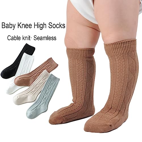 EPEIUS Baby Girl Socks Infant Baby Knee High Socks Seamless Cable Knit Socks for Boys 6-12 Months Uniform Socks Cotton Stockings Long Socks (Earth Set 5 Pack S)