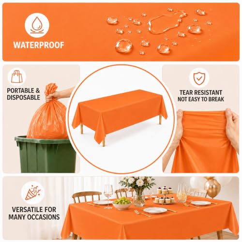 Image of WNINK 2 Pack Orange Plastic Tablecloths, 54 x 108 Inch Disposable Covers | Ideal for Halloween, Thanksgiving, Birthdays and Fall Parties, Helping Protect Tabletops from Spills and Simplify Cleanup