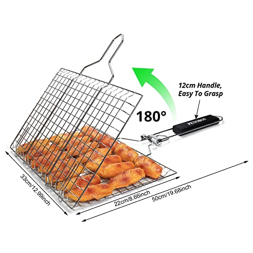 penobon Fish Grilling Basket, Folding Portable Stainless Steel BBQ Grill Basket for Fish Vegetables Shrimp with Removable Handle, Come with Basting Brush and Storage Bag 3 penobon Fish Grilling Basket, Folding Portable Stainless Steel BBQ Grill Basket for Fish Vegetables Shrimp with Removable Handle, Come with Basting Brush and Storage Bag - Image 3