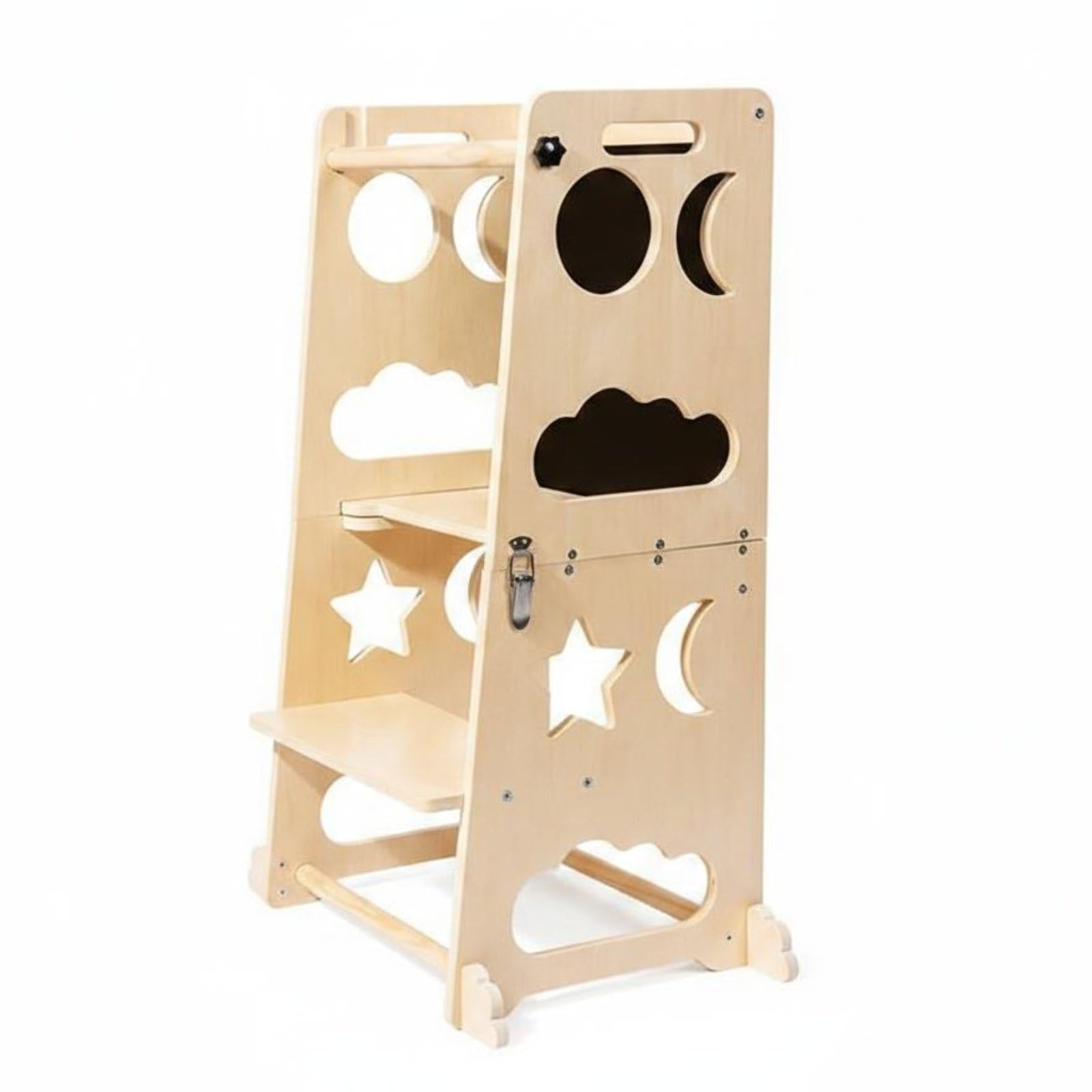 harayaa Taburete Infantil Plegable Taburete Escalón de Aprendizaje Torre de Aprendizaje Asistente de Cocina Diseño Plegable para Ahorrar Espacio y Bordes, Madera Natural