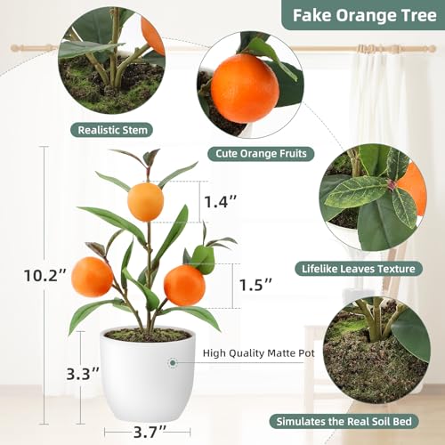 2 Pack Small Artificial Orange Tree Potted, 10.2" Realistic Fake Orange Plant with Vibrant Fruits & Foliage, UV Resistant Faux Citrus Tree with White Pot for Home, Office, Living Room, Kitchen Decor — view 3