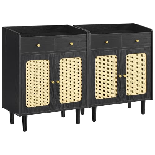SONGMICS HOME BOHOVEN Collection - Buffet Cabinets, Set of 2 Sideboard Storage Cabinets with Rattan-Like Doors and Drawers, Adjustable Shelf, Boho Style, for Living Room, Ebony Black 2 Pack