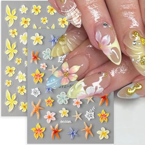 5D Embossed Flower Nail Art Stickers Decals 2 Sheets Summer