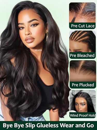 Image of KLAIYI Bye Bye Slip Loose Body Wave Wig Layer Side Part 200% Density 7X5 Pre Cut Lace Front Wigs Human Hair Drawstring Glueless 30S Ready to Wear and Go Beginner Wig Pre Plucked Bleached Knots 12Inch