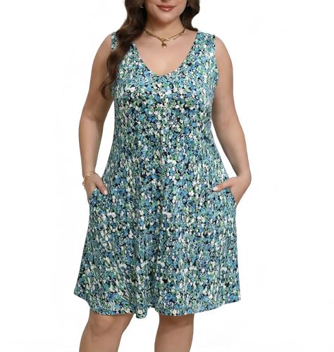 Image of Women Plus Size V Neck Sleeveless Floral Print Pocket T Shirt Dresses Casual Midi Tank Dress Beach Cover up Sundress (XL-5X)