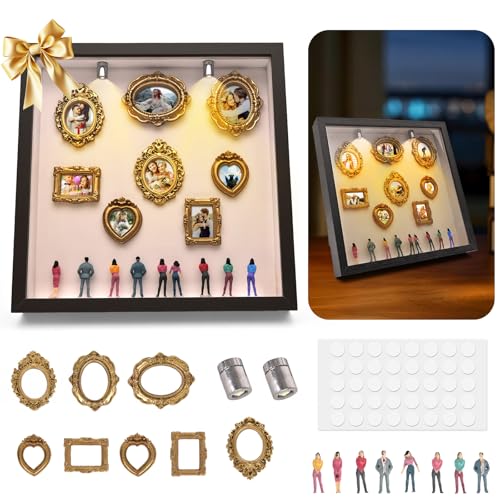 YunPuff DIY Mini Museum Shadow Box Frame with Figurines & Spotlights Gold Frame Keepsake Gift for Valentines Day Mothers Day Birthday Graduation Anniversary & Home Decor