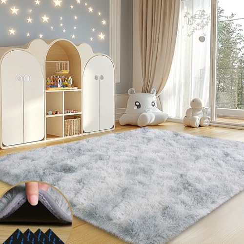 4x6 Rugs for Living Room, Large Fluffy Area Rugs for Bedroom, Soft Carpet Shag Kids Rug with 4 Non-Slip Rug Pads (Grey Tie-Dyed, 4ft x 6ft)
