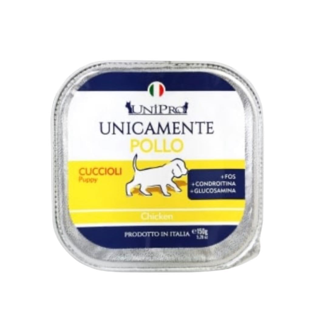 Umido Unipro Perro Unicamente Pollo, alimento completo monoproteico para perros cachorros de todas las tallas y razas | 12 bandejas de 150 gramos cada una, 12 x 150 g