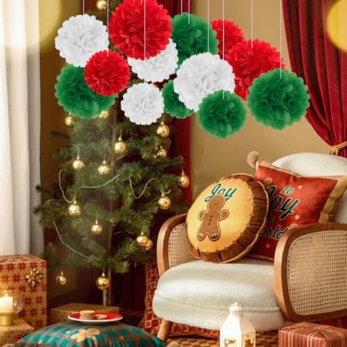 Image of 18 PCS Tissue Paper Pom Poms, Tissue Paper Flowers, Sizes of 6 inch, 10 inch, 12 inch, 14 inch Christmas Paper Flower Party Decor for Wedding, Birthday, Christmas, Baby Showers (Green Red White)