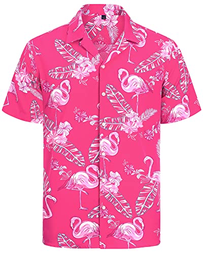 J.VER Hawaiian Shirts for Men Short Sleeve Summer Pink Flamingo Beach Holiday Party Regular Fit Casual Aloha Funky Floral Fashion Button Down Shirt S