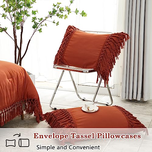 Image of Andency Burnt Orange Comforter Set California King, 3 Pieces Boho Cal King Tassel Lightweight Soft Bedding Comforter Sets, Oversized Bed Set (104x96In Comforter & 2 Pillowcases)