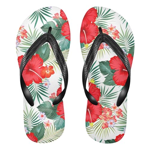 Burbuja Red Hibiscus Flowers Flip Flops for Women Men, Soft Thong Sandals Rubber Slippers for Pool Beach Essentials