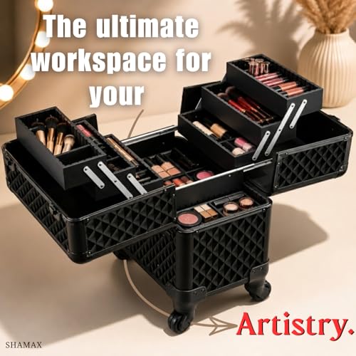 Image of SHAMAX Professional Rolling Makeup Case, Cosmetic Organizer Trolley, Manicure Storage Vanity Locks, Makeup Trolley for Hairdressers, Salons, Beauty Lovers, 360 Universal Wheels (5088 Black)