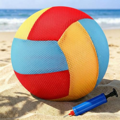 IHLOOTD Ballon Beach Volley Ø 21 cm Ballon de Plage Gonflable Maille Texture Softy Volleyball avec Pompe pour Extérieur Intérieur, Plage, Piscine, Jardin(Bleu Clair, Rouge, Jaune)