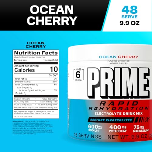 Image of Prime Rapid Rehydration Electrolyte Powder, Ocean Cherry, Sugar Free Hydration Drink Mix with Sodium, Potassium, Magnesium & B Vitamins to Replenish Fluids, Caffeine Free, 6 Gallon Tub, 48 SRV