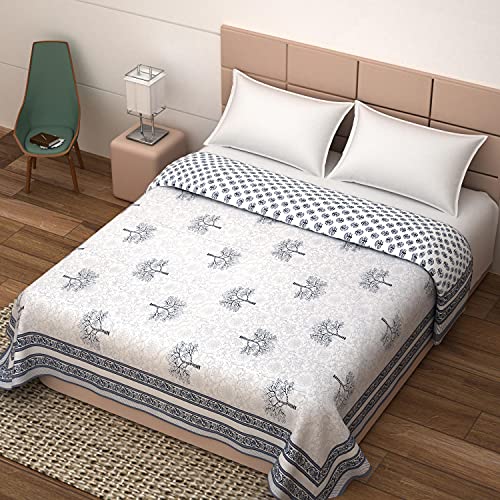 Image of BLOCKS OF INDIA 100% Cotton Dohar King Size Reversible Hand Block Printed Malmal Summer Dohar /Blanket (Grey Tree)
