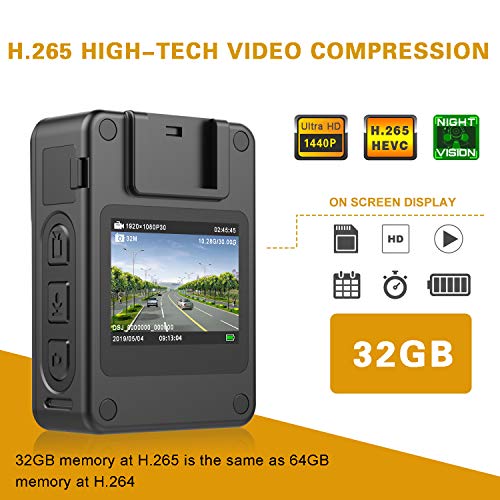 CammPro M1N Mini UHD 1440P Police Body Camera Advanced Video Coding, Night Vision and Waterproof, Premium Surveillance Pocket Body Worn Camera for Law Enforcement, Security Guards