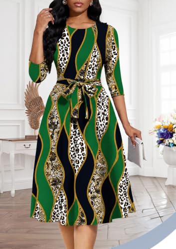 Image of Casual Dresses for Women Midi Church A-Line Fit and Flare Dress Crewneck 3 /4 Sleeve Party Dress