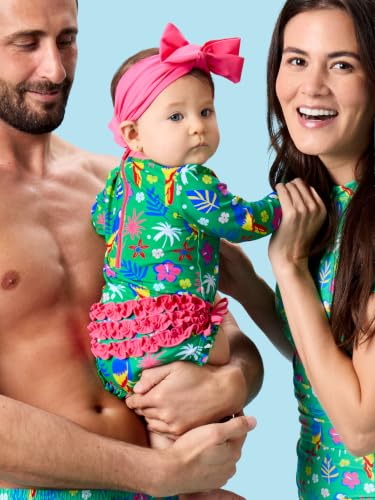 Image of RuffleButts Baby Girls UPF 50+ Sun Protection Floral Printed Long Sleeve One Piece Rash Guard Swimsuit with Zipper
