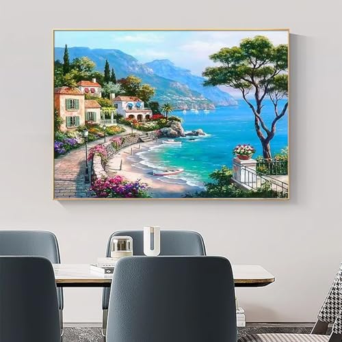 Peinture à l'huile village côtier sur toile grand format de paysage marin