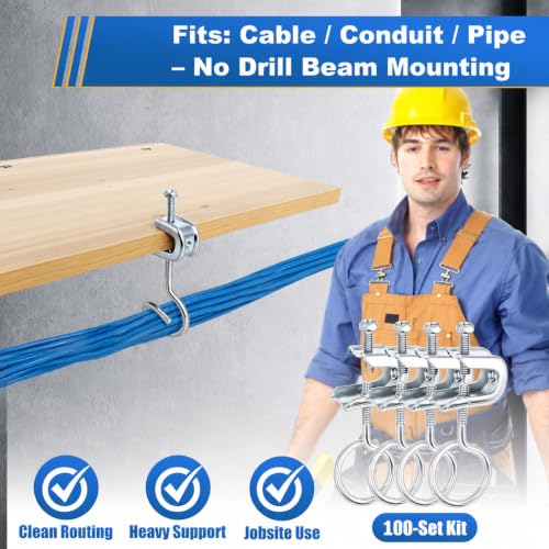 Image of 1 /4 inch x 20 Beam Clamps with 1-1 /4 inch Bridle Rings, 100 Sets | Steel Cable Support Hangers for I-Beam Flanges, Low-Voltage Wire and Pipe, No-Drill Mounting, Rated Up to 75 lb