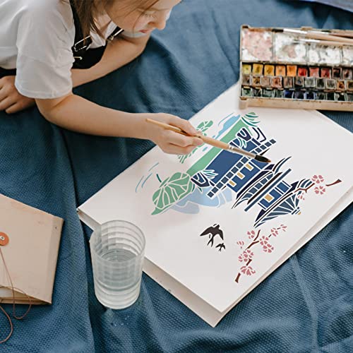 FINGERINSPIRE Oriental Pagoda Stencil 30x30cm Ancient Tower Cutout Drawing Templates Architecture Cherry Blossoms Swallow Lotus Leaf Hills Branch Painting Stencil for Home Decoration - Image 4