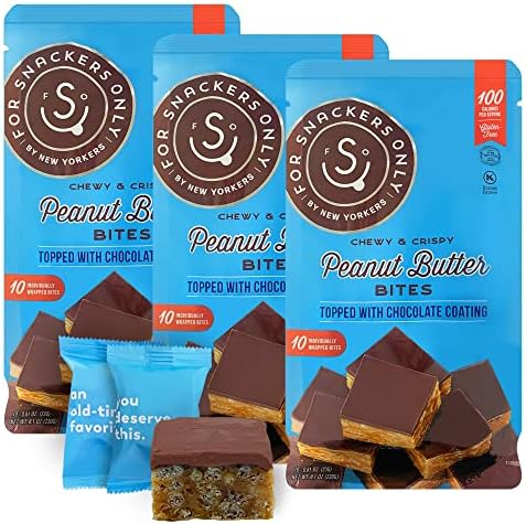 For Snackers Only 3 Pack Peanut Butter Bites Topped with Chocolate Coating - Gluten Free - Vegan Friendly - Dairy Free Kosher Pareve - 30 Individually Wrapped Pieces - 100 Calorie Snack