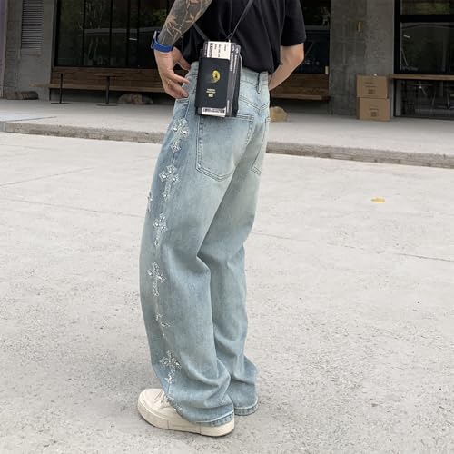 Baggy Jeans Men Washed Cross Rhinestone Wide Leg Denim Pants Y2k Casual Streetwear for Skater Jeans2