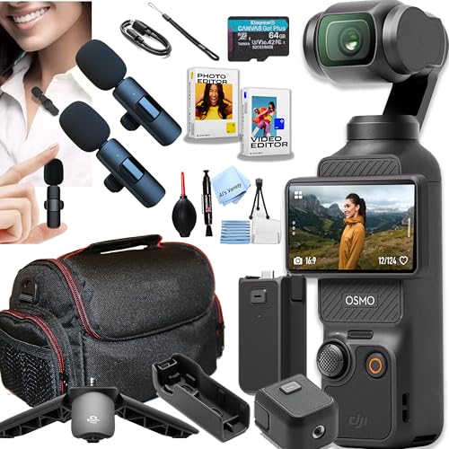 DJI Osmo Pocket 3, Vlogging Camera, 4K/120fps Vlog Camera, 3-Axis Stabilization, Face/Object Tracking, + 64GB Memory, 2pc Mic, Software + More (Podcast Vlogging Bundle)