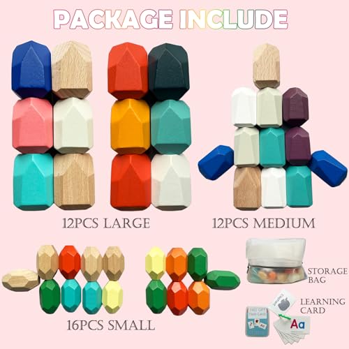 Stacking Rocks 40 Pieces, Over 3 Years Old, Educational Toddler Stacking Blocks, Promotes Imagination, Balance & Fine Motor Skills - Wooden Rocks Sensory Toys Gift for Kid, Boy Girl Pack