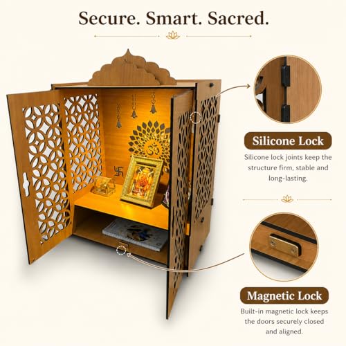 Image of Zesta Wooden Mandir for Home Big Size | DIY Pooja Mandir with LED Spot Light | Devghar Cabinet for Living Room or Office | Wall Mounted Pooja Unit for Home (Big Mandir with Door)