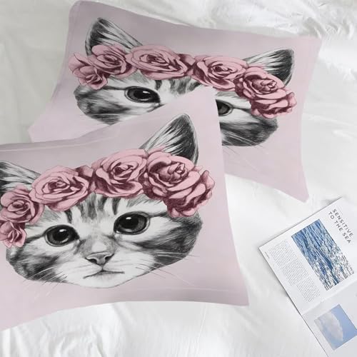 Image of Pink Rose Cat Comforter Set Queen Size Cute Floral Animal Bedding Sets for Kids Adults Boys Girls Bedroom Aesthetic Kawaii 3Pcs Quilt 1 Comforter 2 Pillowcases