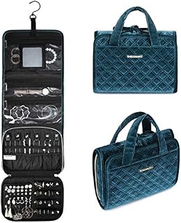 BAGSMART Travel Hanging Jewelry Organizer Case Foldable Velvet Jewelry Roll with Hook for Journey-Rings, Necklaces, Bracelets, Earrings, Peacock Blue