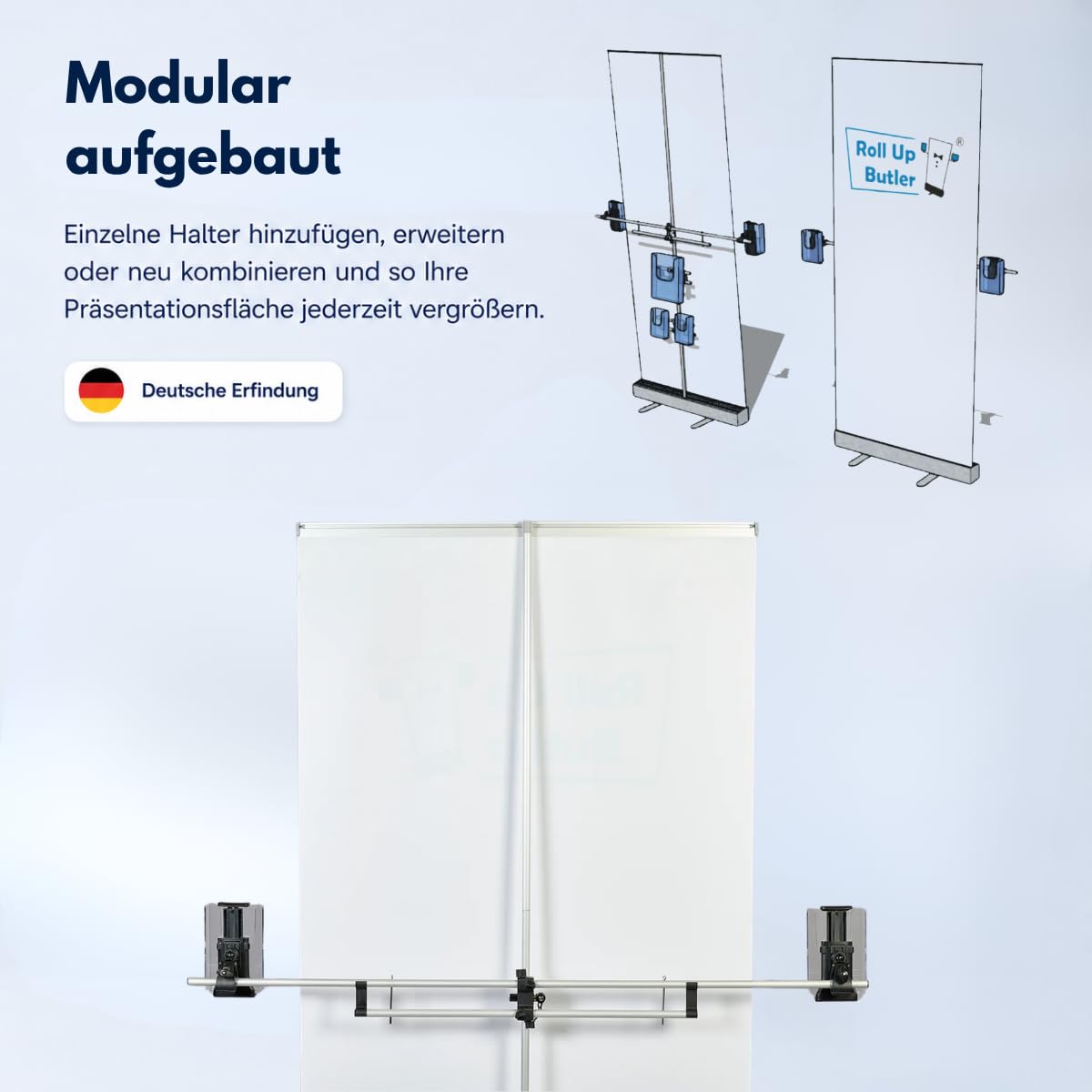 Flyerhalter mit 2 DIN-lang Akrylboxen für Roll-Up – Prospekthalter für Flyer, Broschüren & Tablets – für Messe, POS & Verkauf (Breiter Flyerhalter für Roll-Ups)