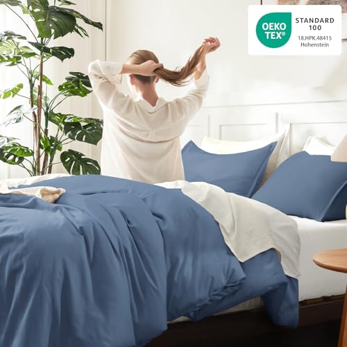 Image of Litanika Haze Blue Oversized King Comforter Set Super King Plus Size, 3 Pieces Lightweight Solid Bedding Comforter Set, All Season Fluffy Bed Set (128x120In Comforter & 2 Pillowcases)