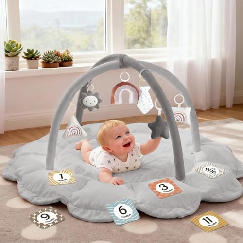 Image of 5-in-1 Thick & Plush Baby Play Gym, Baby Play Mats for Floor, Tummy Time Mat with 6 Toys, Convertible Stage-Based Developmental from Babies to Toddlers, Ball Pit, Pet Cushion Cloudico, Grey