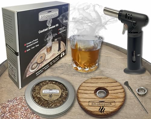 Smokepuck Cocktail Smoker Kit - Made in USA - Lifetime Warrenty - Apple+Cherry+Walnut Wood Chips - Create Smoked Old Fashioned - Great Bourbon Gift - Includes Premium Torch & NEW Gift Box. (No Butane)