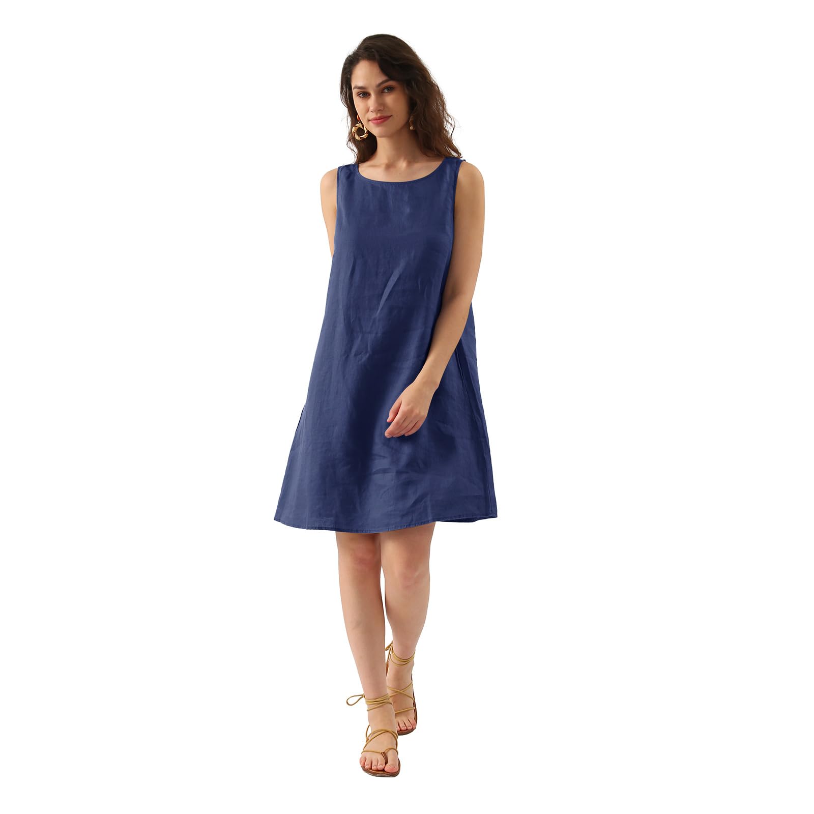 Amazhiyu Abito da donna, senza maniche, estivo, da spiaggia, lunghezza al ginocchio, girocollo, con tasche