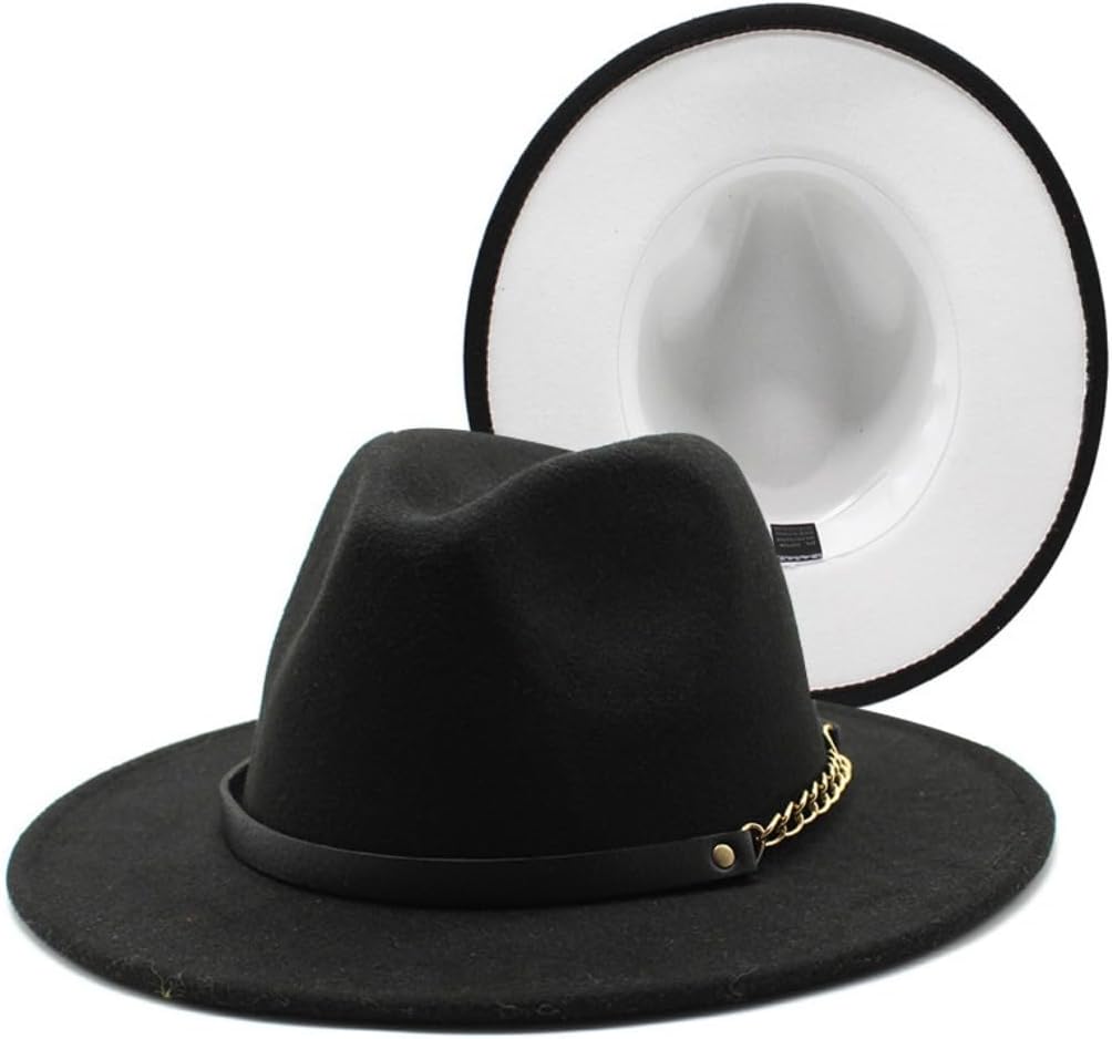 Wide Brim Fedora Hat with Red Interior, White, Black Band with Gold Chain