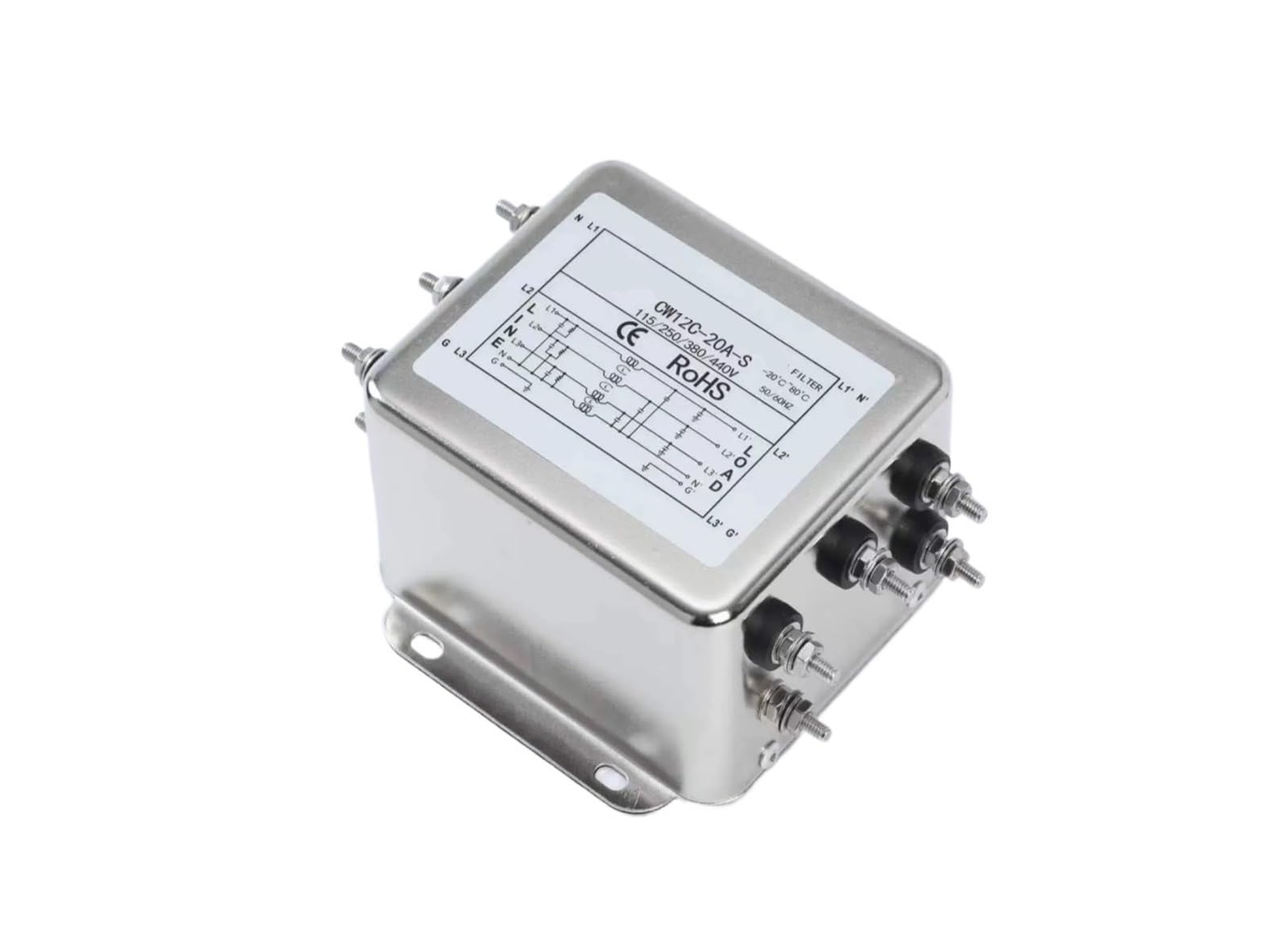 Filtro de potencia trifásico de alta resistencia con perno CW12C-20A-S de 4 hilos
