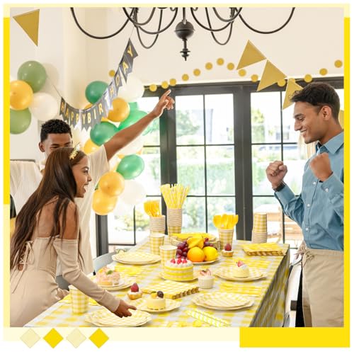 Image of Funnymoom 452 Pcs Yellow Gingham Party Supplies for 50, Yellow and White Gingham Checkered Paper Plates Napkins Cups Tablecloth Cutlery Straws for Birthday Family Picnic Barbecue Party Decoration