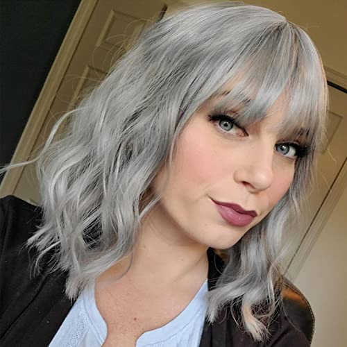 Gray Wig Short Wavy Curly Bob Wigs for Women Gray Bob Wig with Bangs Shoulder Length Synthetic Cosplay Party Wig Colored Wigs for Girls (14 inch, gray)